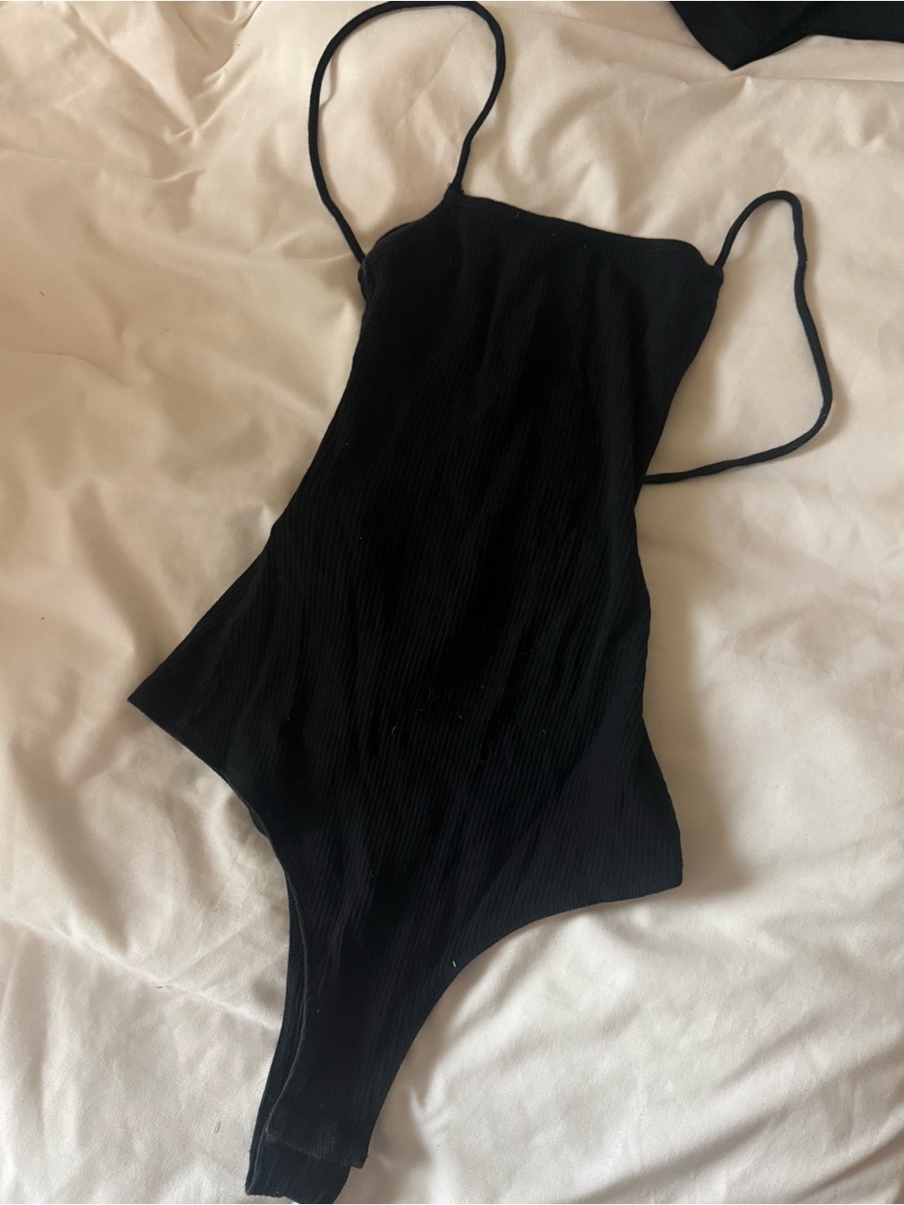 Black ribbed lace up back bodysuit